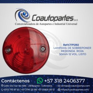 LAMPARA DE SOBREPONER REDONDA ROJA 50mm 12 VOL. LISTO 1947-R