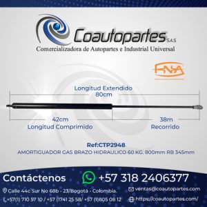 AMORTIGUADOR GAS BRAZO HIDRAULICO 60kg. 800mm RB 345mm 17065008