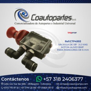 VALVULA DE 1/8" 3-2 VIAS BOTON ALIVIO BMP PARA MANGUREA DE 6 mm